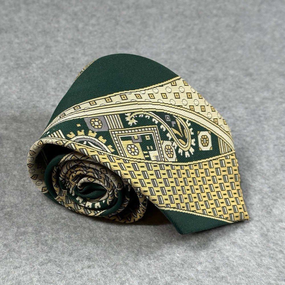 Vintage 70s Beau Brummell Green Gold Paisley Geometric Wide Tie 58x3.75 in